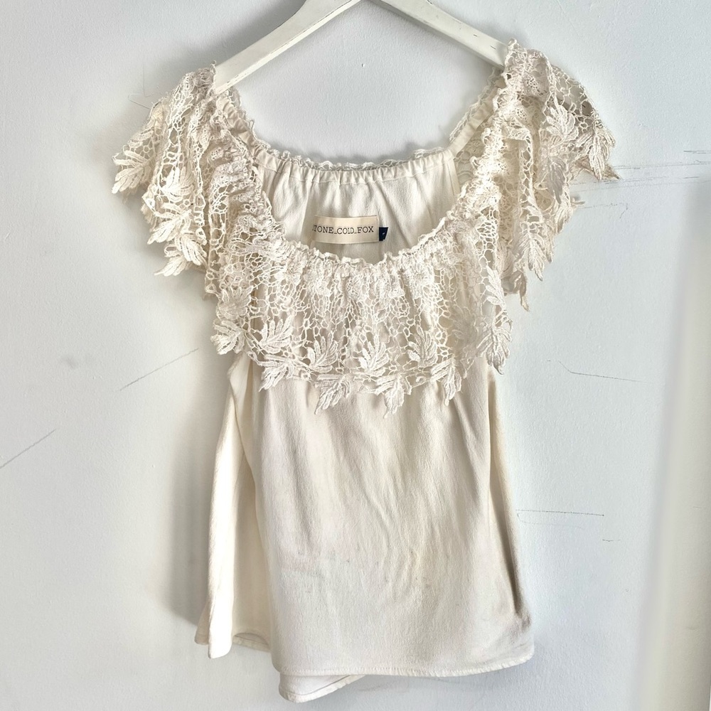 Stone Cold Fox Silk/Crochet Off-Shoulder Tunic Top
